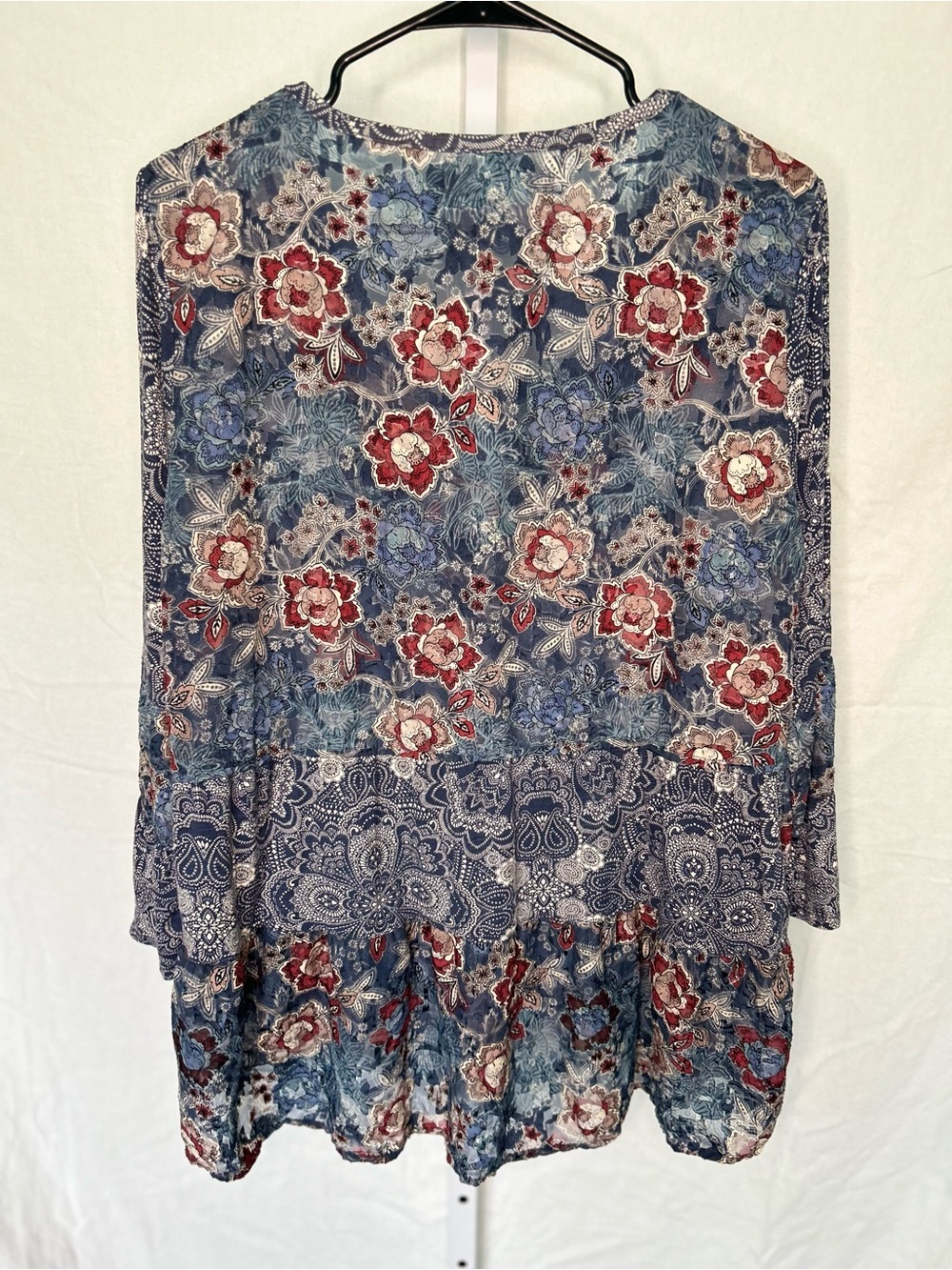 Cupio Boho Mixed Floral Paisley Split Neck Peasant Blouse 3/4 Bell Sleeve - Picture 2 of 8